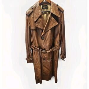 Vintage 1970's NORDSTROM Light tan Brown Leather Jacket Long Trench Coat XL